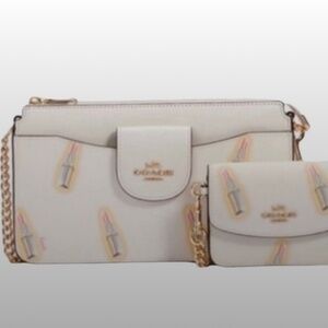 NWT Coach Poppy Lipstick Print Chain Strap Removable Card Case Crossbody…